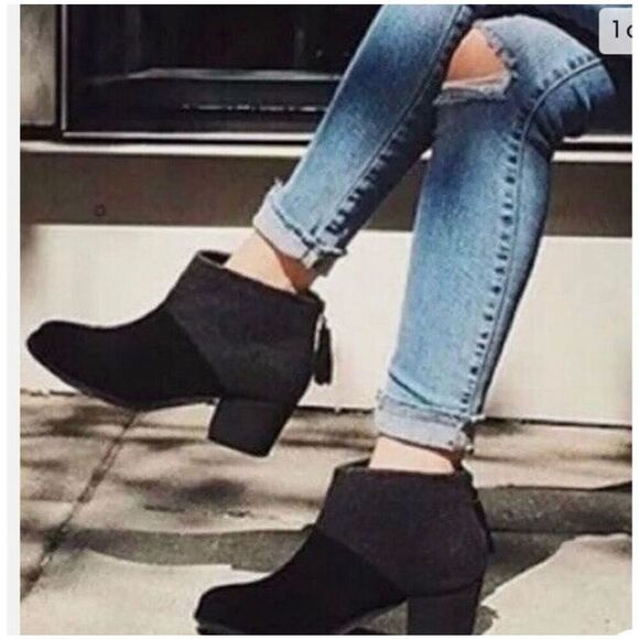 Toms Leila Wool Felt Ankle Booties Size 7.5 Boots Leather Suede Black & Gray - Picture 1 of 11